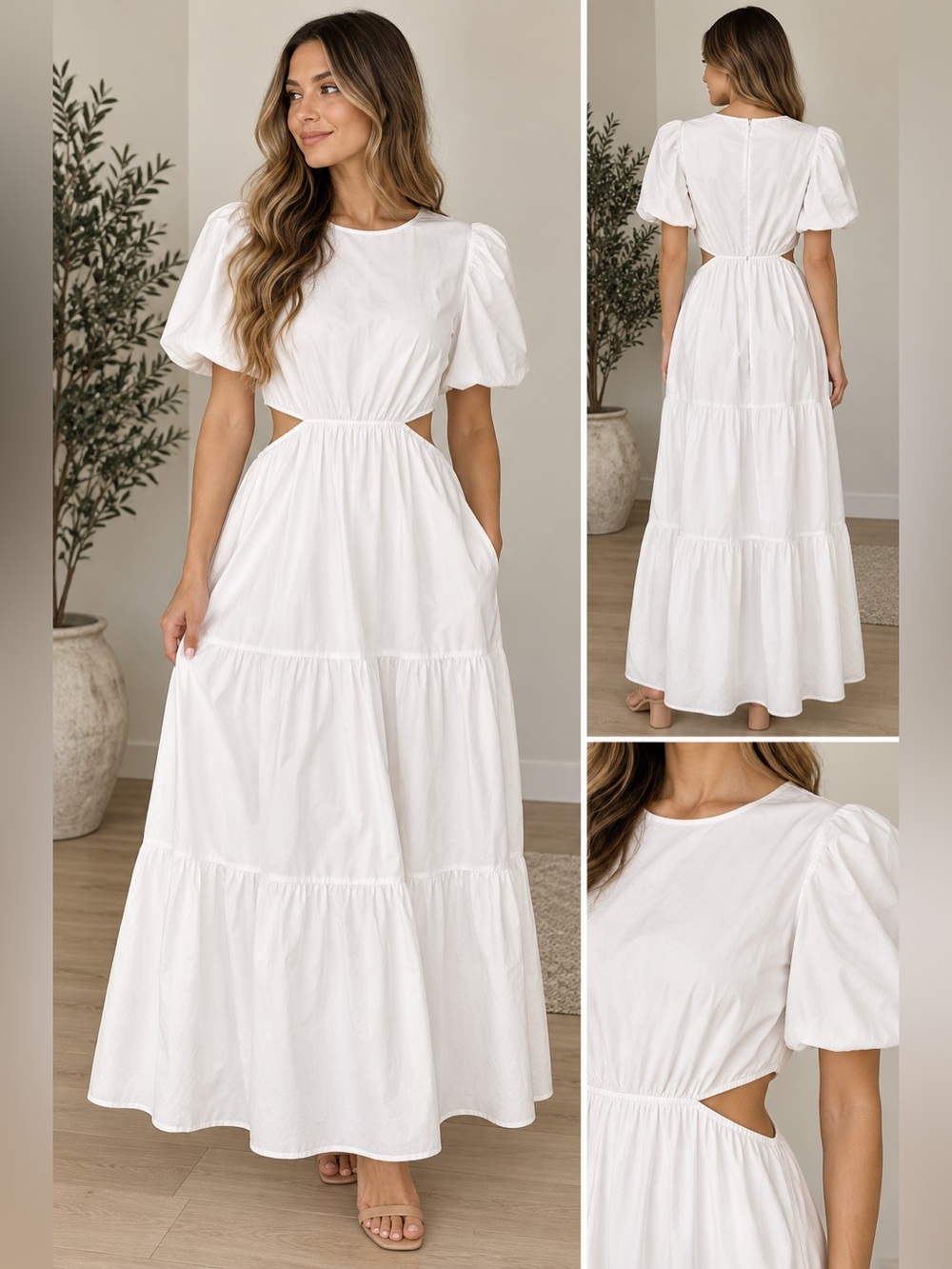 Wayf White Puff Sleeve Tiered Maxi Dress